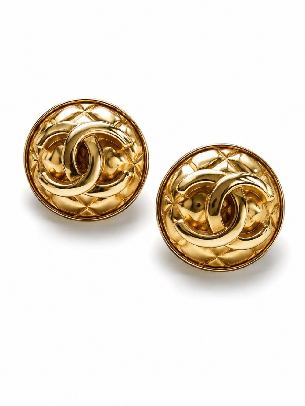 Vintage Chanel Gold-Tone CC Logo Button Earrings Quilted - Estate Jewlery